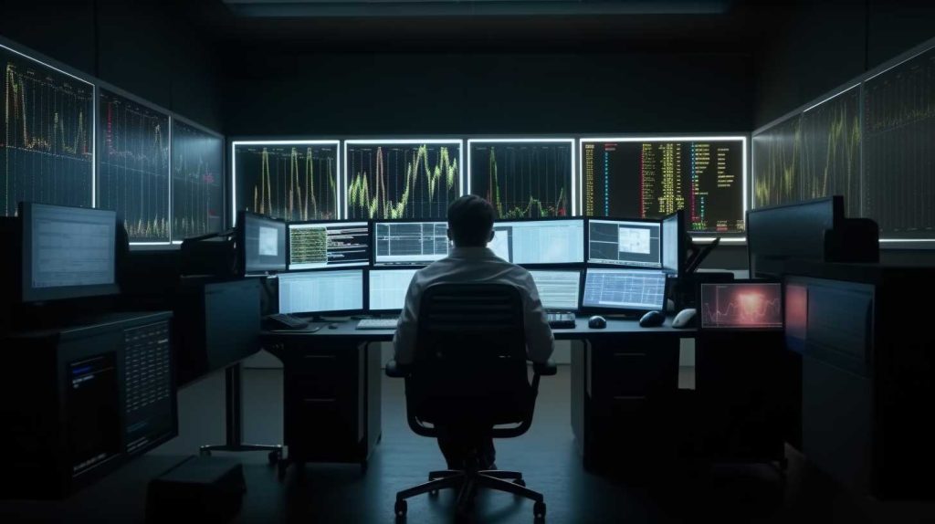 a trader sitting in front of a lot of screens trading