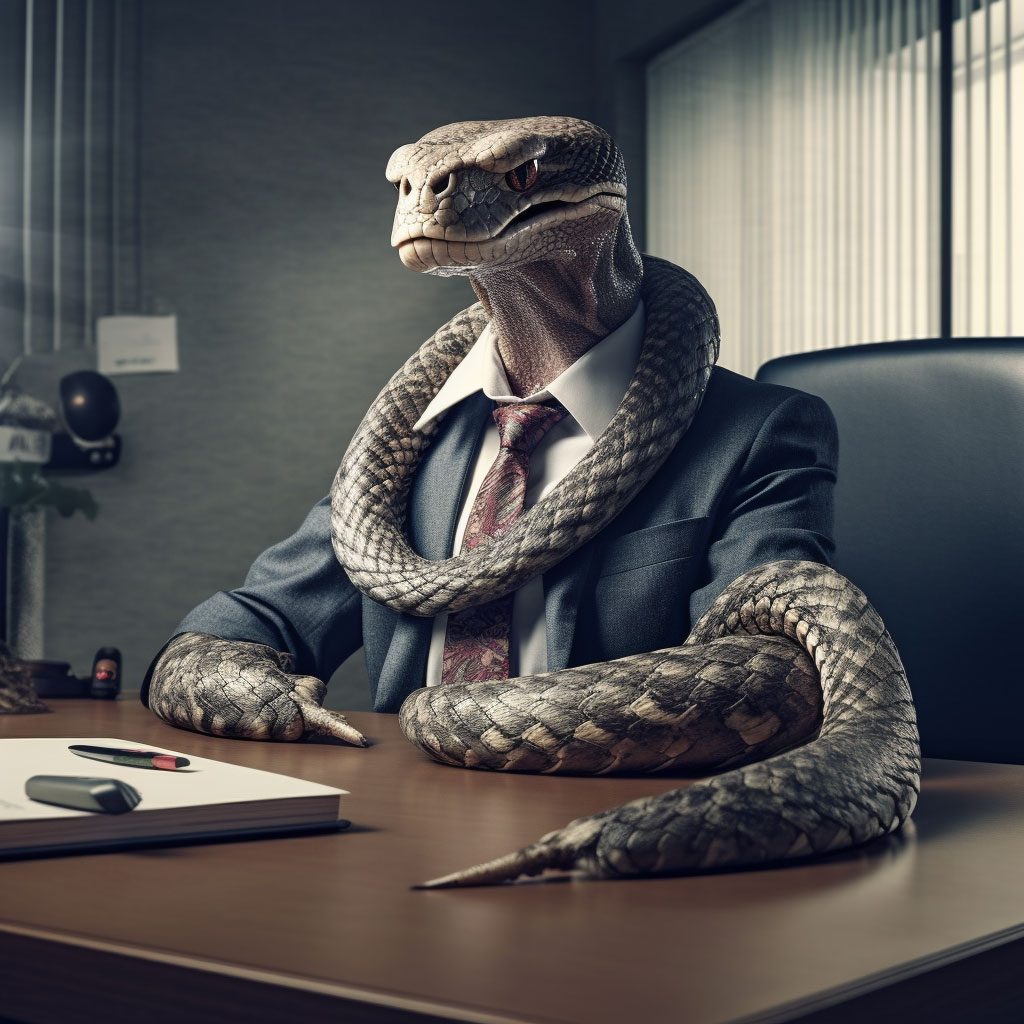 Jeffrey R Clow a snake wearing a business suit at the office e3758366 4318 4f64 902c 1e4f4565d1c9