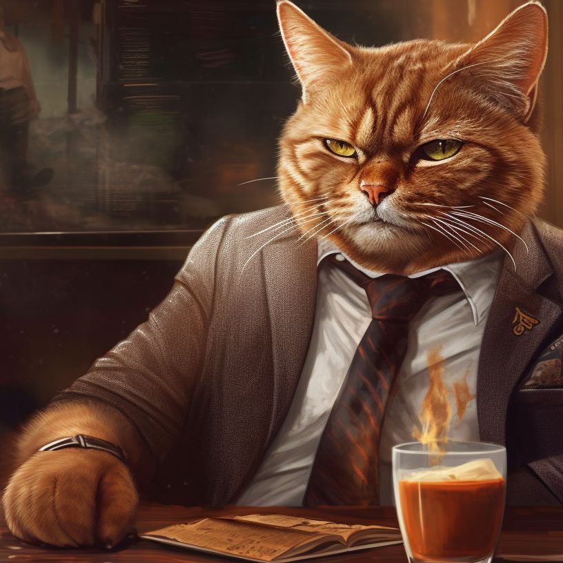 Pyrrho Content A rugged looking cat in a suit sipping espresso edited